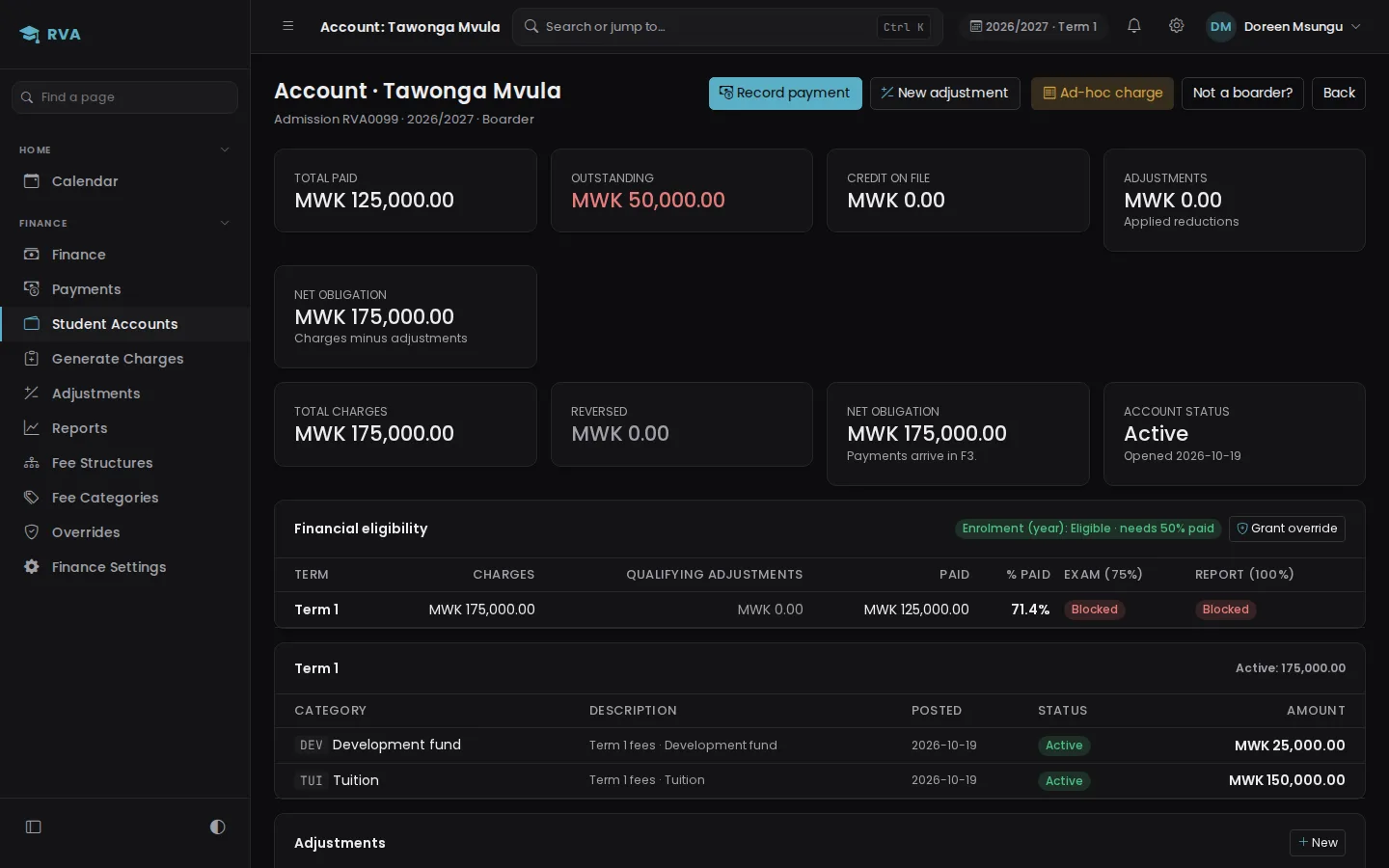 Tawonga Mvula's fee account: 125,000 kwacha paid, 50,000 outstanding, and the report held back until the balance is paid.